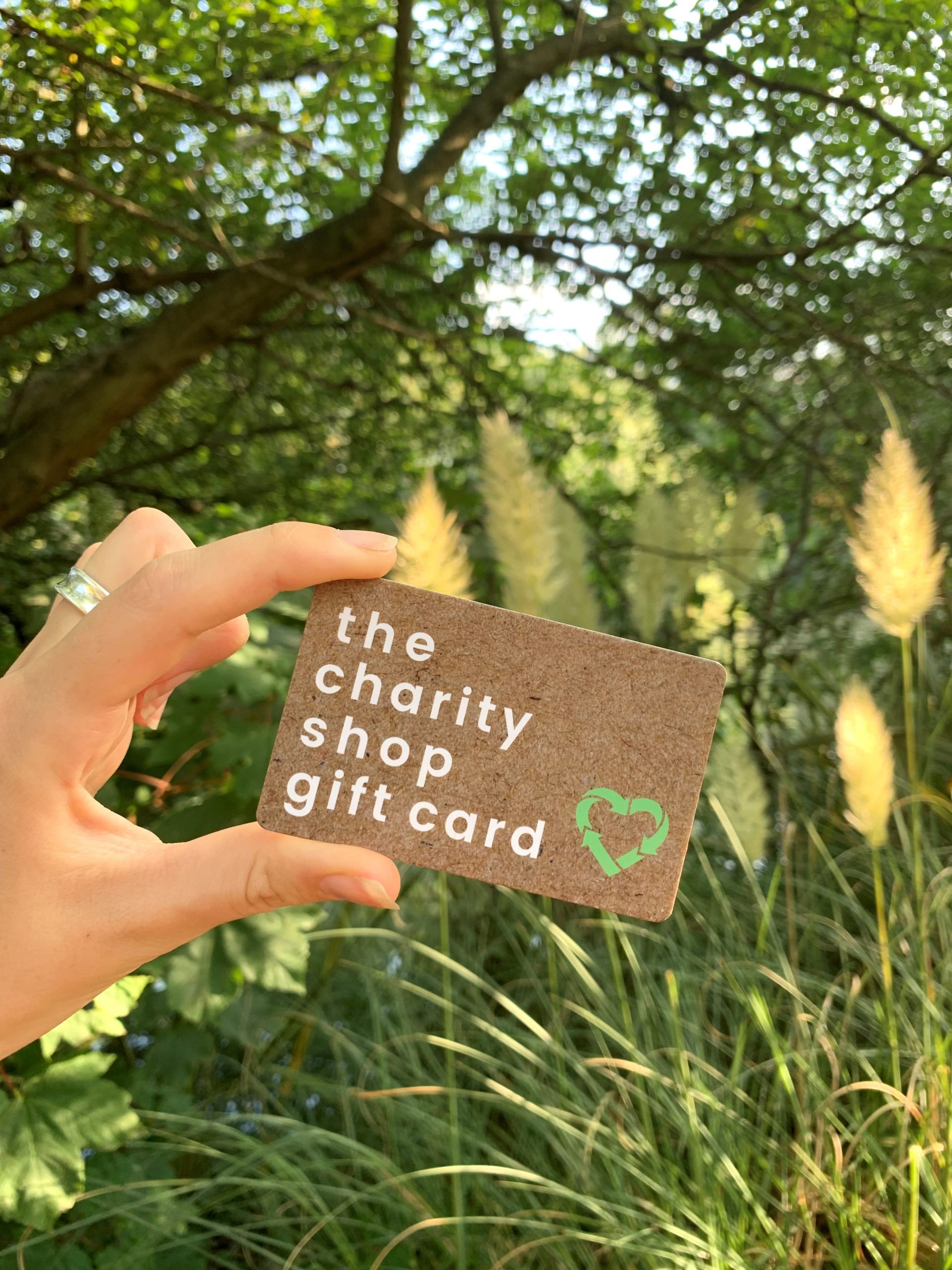 The Charity Shop Gift Card in front of a woodland 