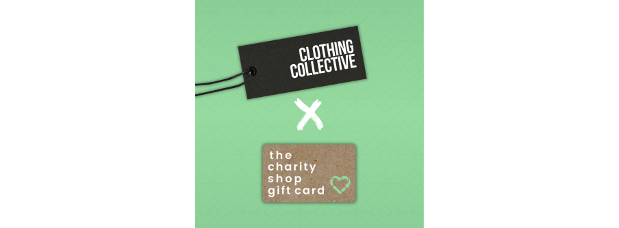 The logos of Clothing Collective and The Charity Shop Gift Card on a green background